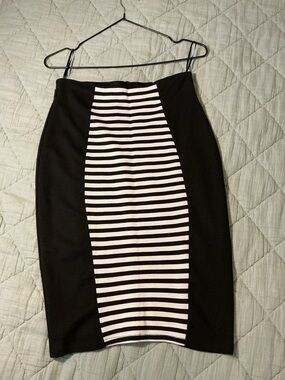 Black Pencil Skirt with Black & White Striped Center Panel